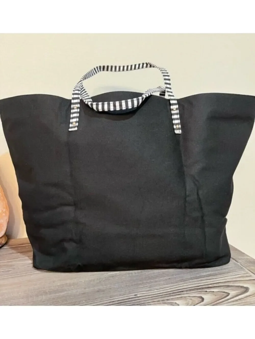Victoria's Secret Black Canvas Tote Bag with Pink Logo and Striped Handles
